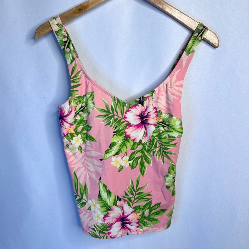 JANTZEN Size 10 Pink Tropical Hibiscus Floral Tankini Swim Top Retro Beach